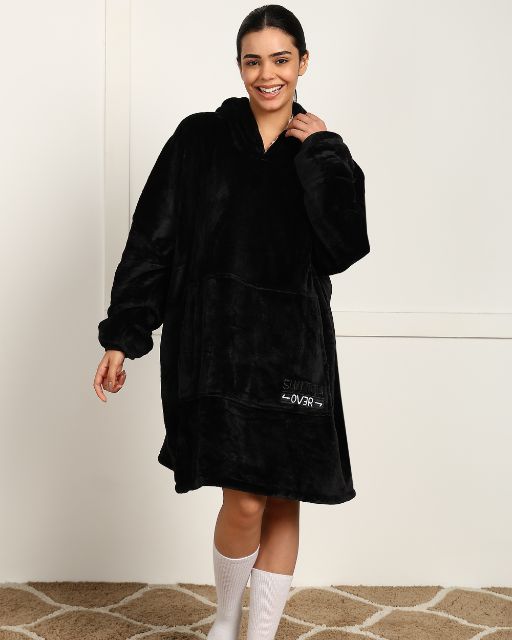 Classic Black Sherpa Wearable Blanket Hoodie for Unisex