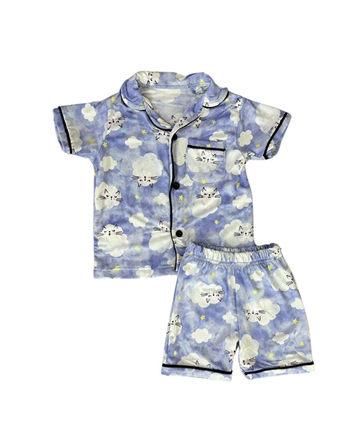 Light Blue Printed Kids Shirt with Shorts Night Suit Set