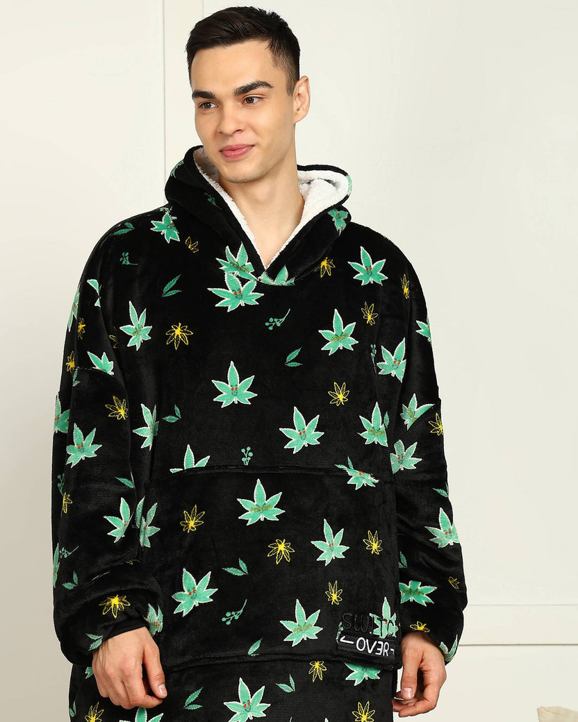 Weed-Inspired Printed Sherpa Wearable Blanket Hoodie for Unisex Comfort