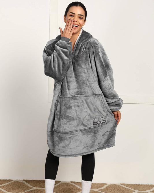 Grey Solid Wearable Sherpa Unisex Blanket Hoodie