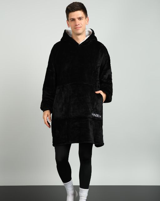 Classic Black Sherpa Wearable Blanket Hoodie for Unisex