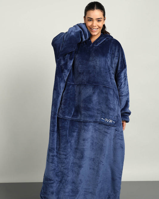 Navy Extra Long Sherpa Wearable Blanket Hoodie for Unisex