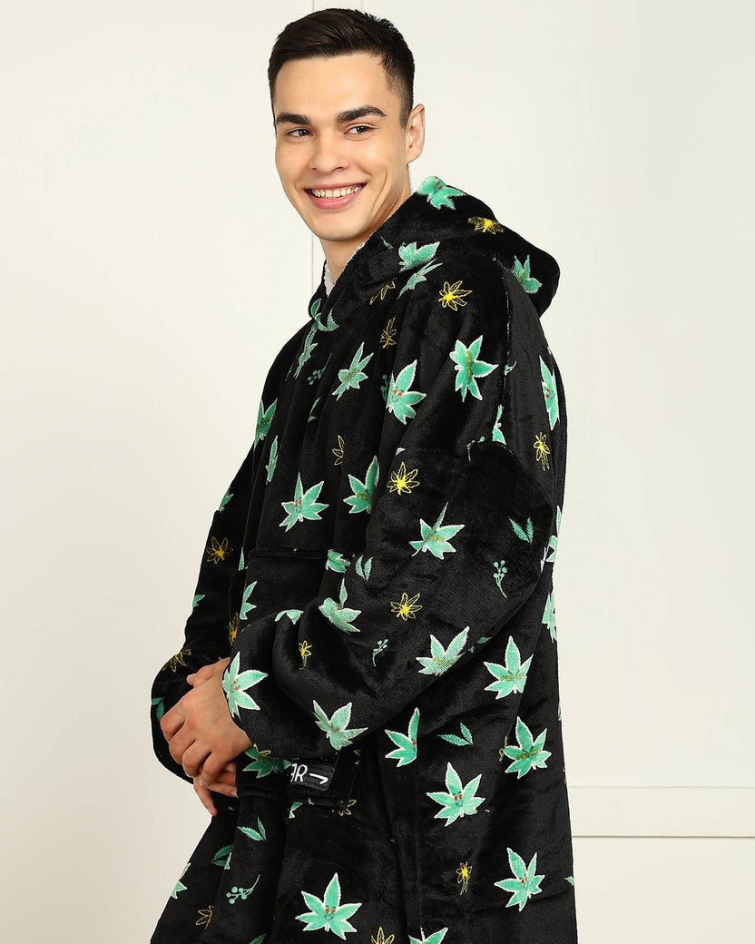 Weed-Inspired Printed Sherpa Wearable Blanket Hoodie for Unisex Comfort