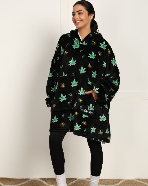 Weed-Inspired Printed Sherpa Wearable Blanket Hoodie for Unisex Comfort