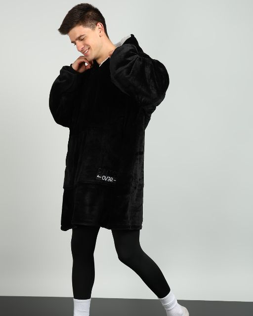 Classic Black Sherpa Wearable Blanket Hoodie for Unisex