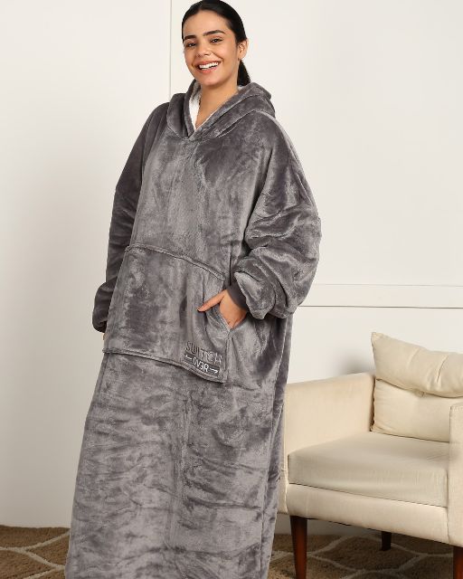 Extra Long Grey Sherpa Wearable Blanket Hoodie for Unisex