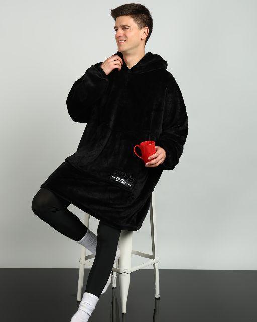 Classic Black Sherpa Wearable Blanket Hoodie for Unisex