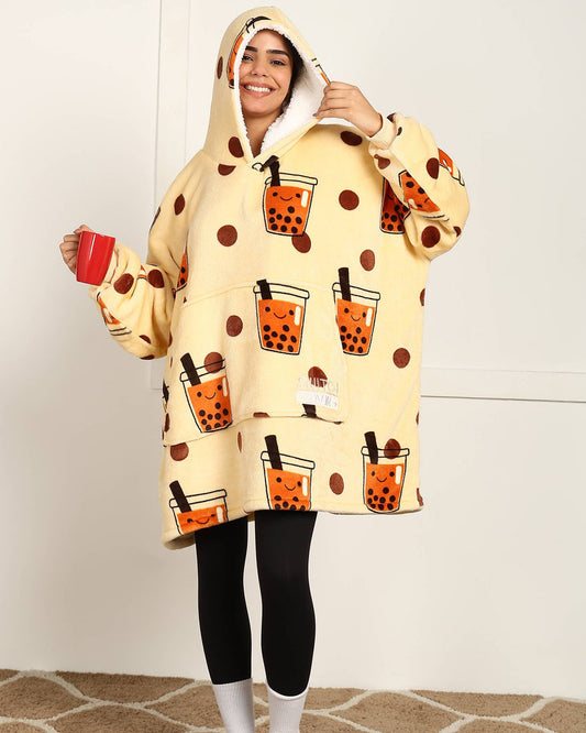 Bubble Tea Printed Sherpa Wearable Blanket Hoodie