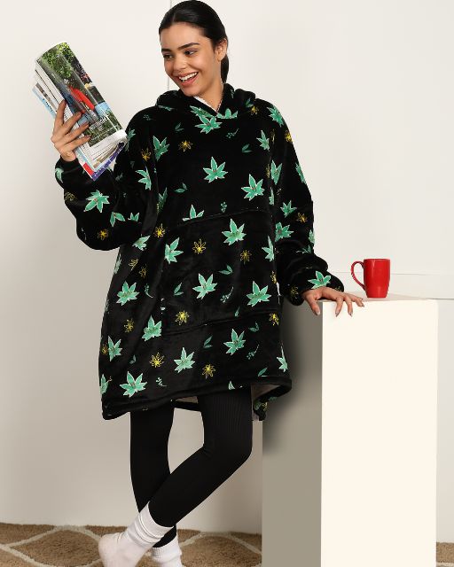 Weed-Inspired Printed Sherpa Wearable Blanket Hoodie for Unisex Comfort