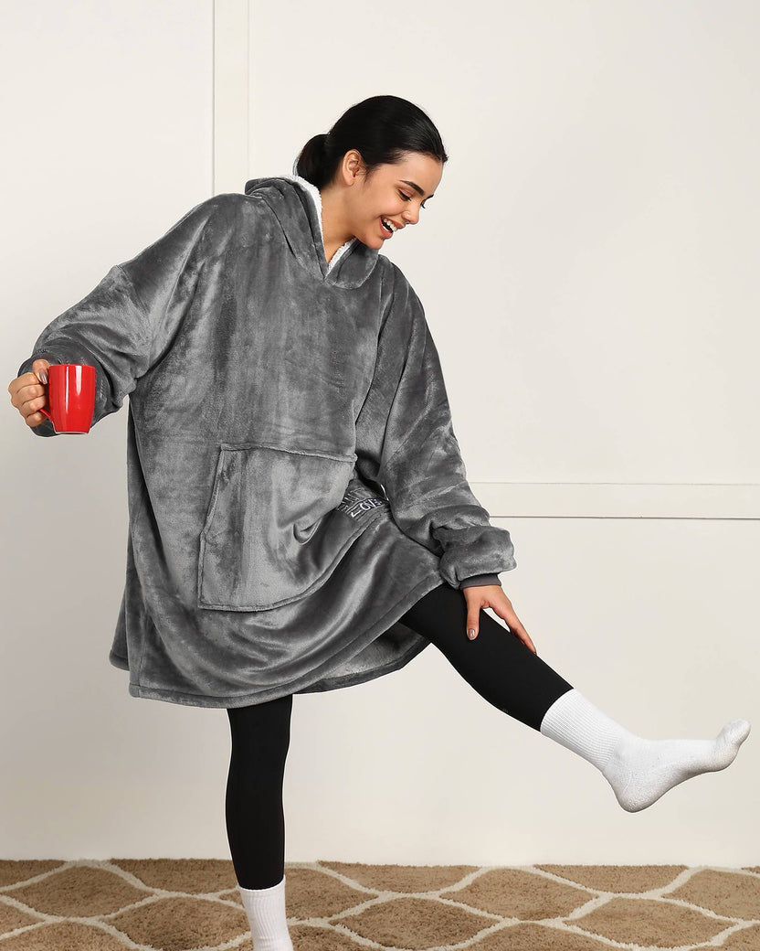 Grey Solid Wearable Sherpa Unisex Blanket Hoodie