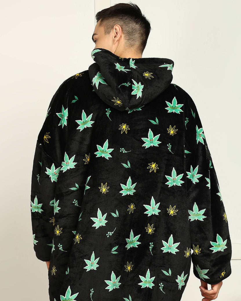 Weed-Inspired Printed Sherpa Wearable Blanket Hoodie for Unisex Comfort