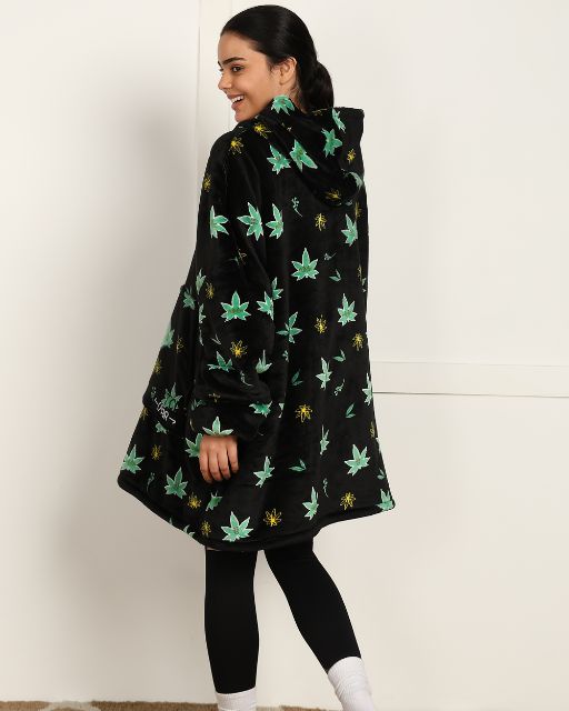 Weed-Inspired Printed Sherpa Wearable Blanket Hoodie for Unisex Comfort