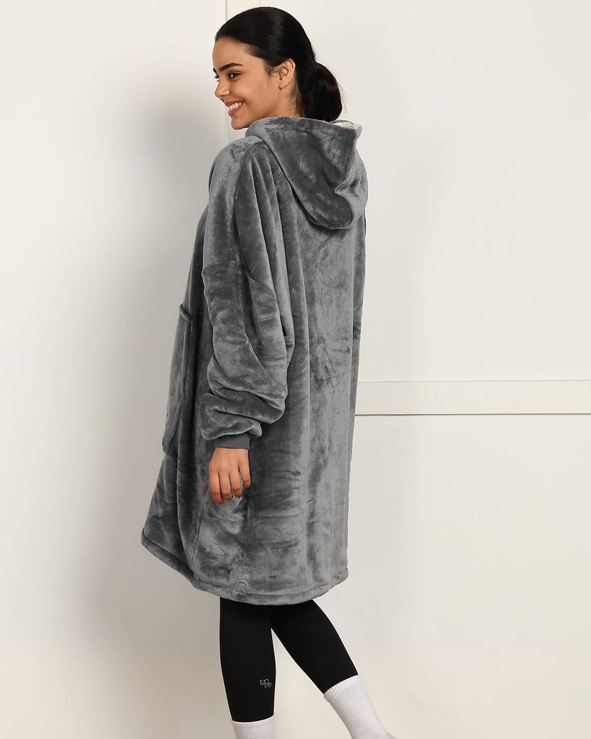 Grey Solid Wearable Sherpa Unisex Blanket Hoodie