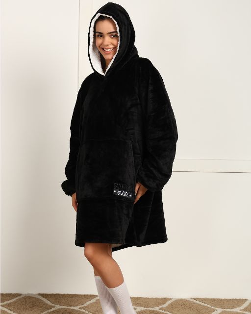 Classic Black Sherpa Wearable Blanket Hoodie for Unisex