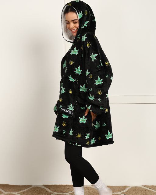 Weed-Inspired Printed Sherpa Wearable Blanket Hoodie for Unisex Comfort