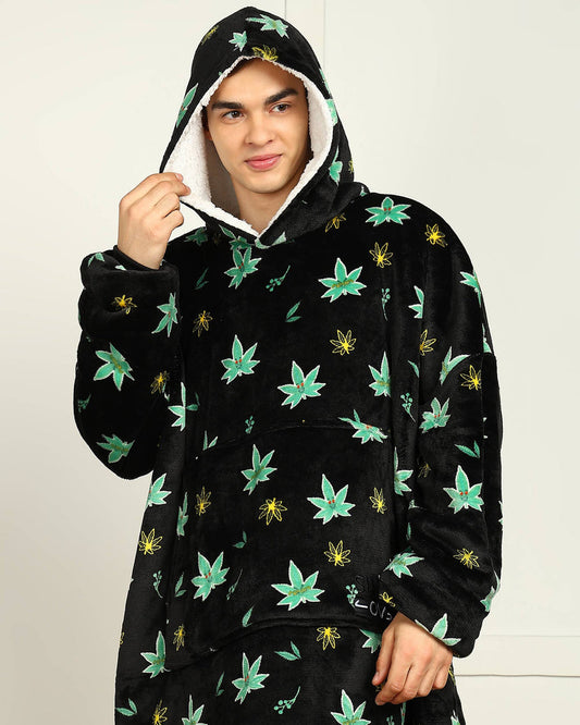 Weed-Inspired Printed Sherpa Wearable Blanket Hoodie for Unisex Comfort