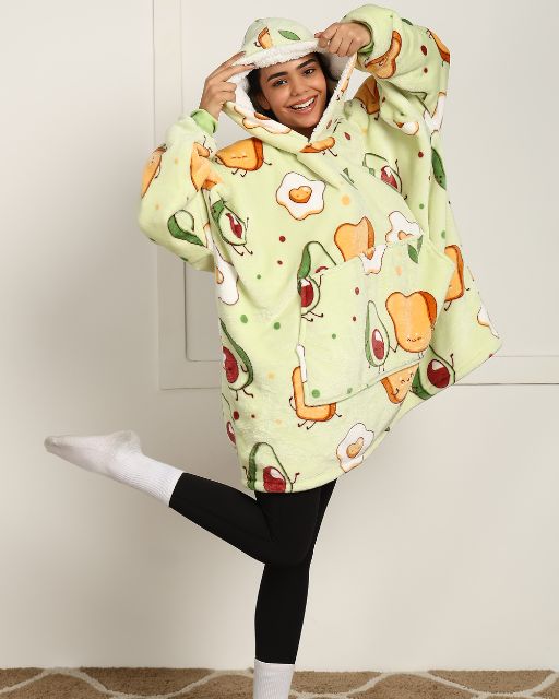 Avocado & Toast Printed Sherpa Wearable Blanket Hoodie for Unisex Comfort