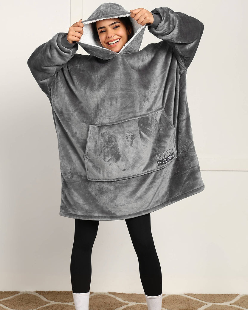 Grey Solid Wearable Sherpa Unisex Blanket Hoodie