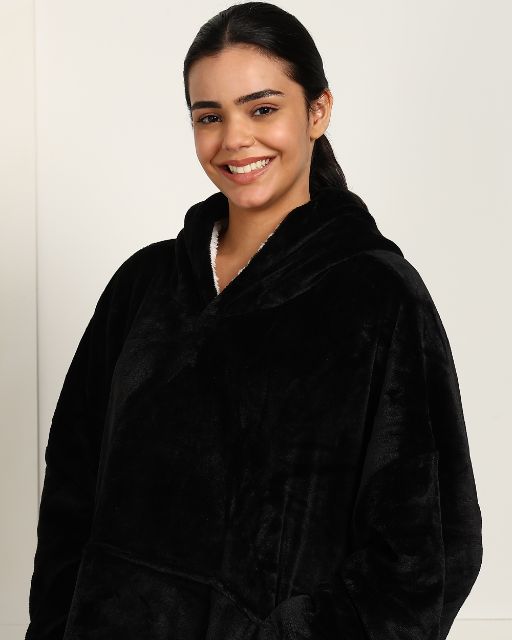 Classic Black Sherpa Wearable Blanket Hoodie for Unisex