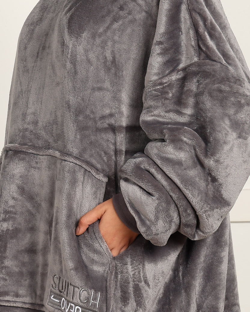 Grey Solid Wearable Sherpa Unisex Blanket Hoodie