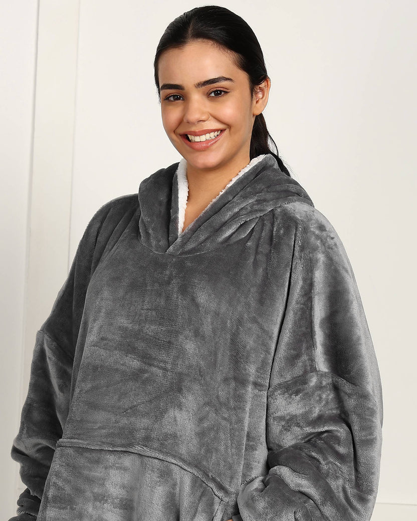 Grey Solid Wearable Sherpa Unisex Blanket Hoodie